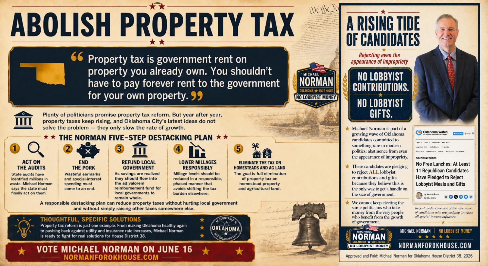 Preview of the Abolish Property Tax mailer showing Norman's five-step destacking plan